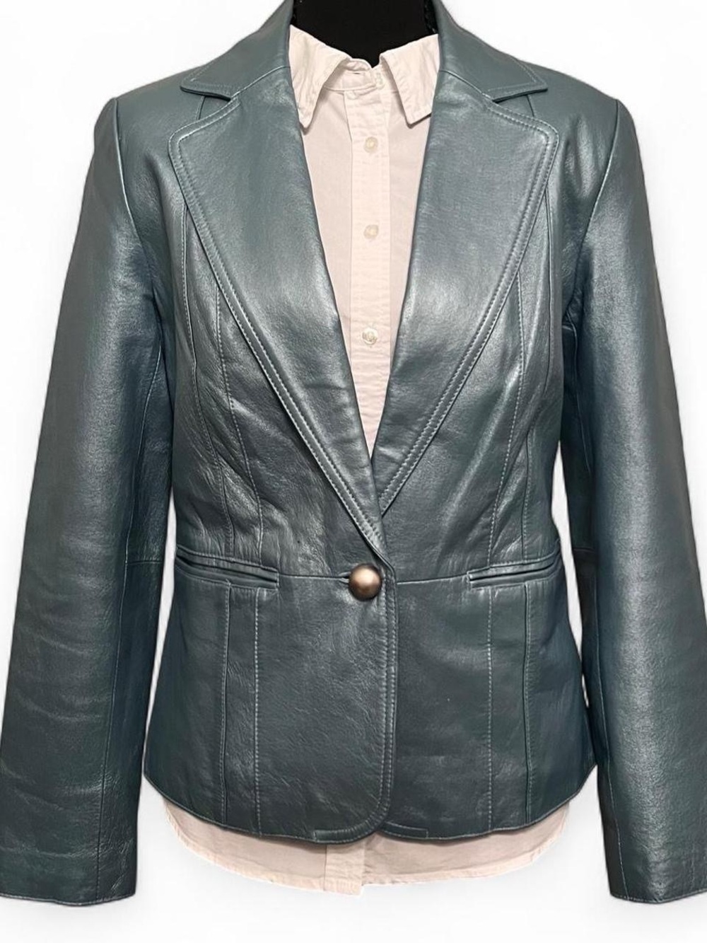 Vintage Women's Pearlescent Metallic Blue Teal Genuine Leather Blazer Jacket